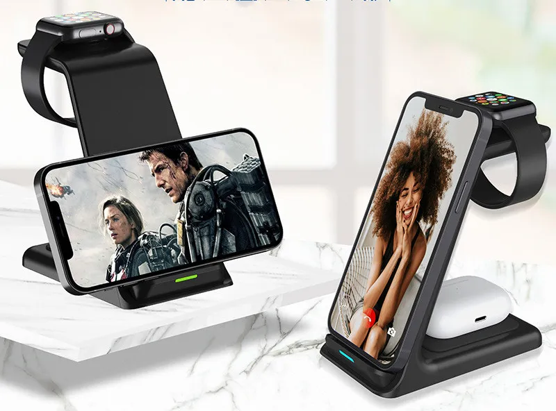 Vertical Three-in-one Wireless Charger 15W Fast Charge Dual-coil Desktop Stand Wireless Charger – image 3