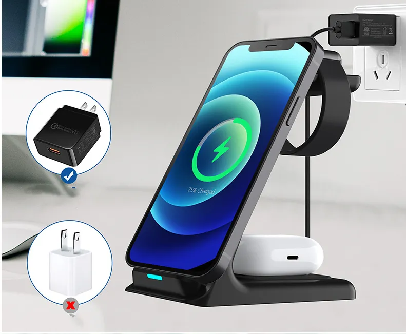 Vertical Three-in-one Wireless Charger 15W Fast Charge Dual-coil Desktop Stand Wireless Charger – image 5