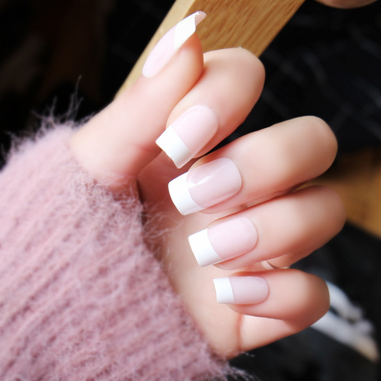 Wearing Nail Powder Skin Color French Manicure Classic Short French Fake Nail Patch Naked Powder Simple 24 Pieces Box