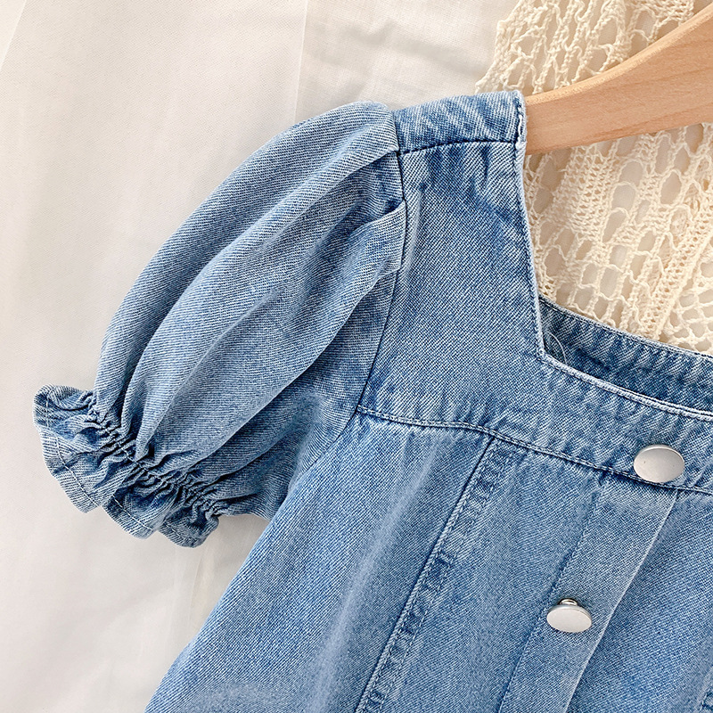 Summer Puff Sleeve Short Sleeve Denim Skirt Korean Pure Color Dress Trendy Girls' Wear