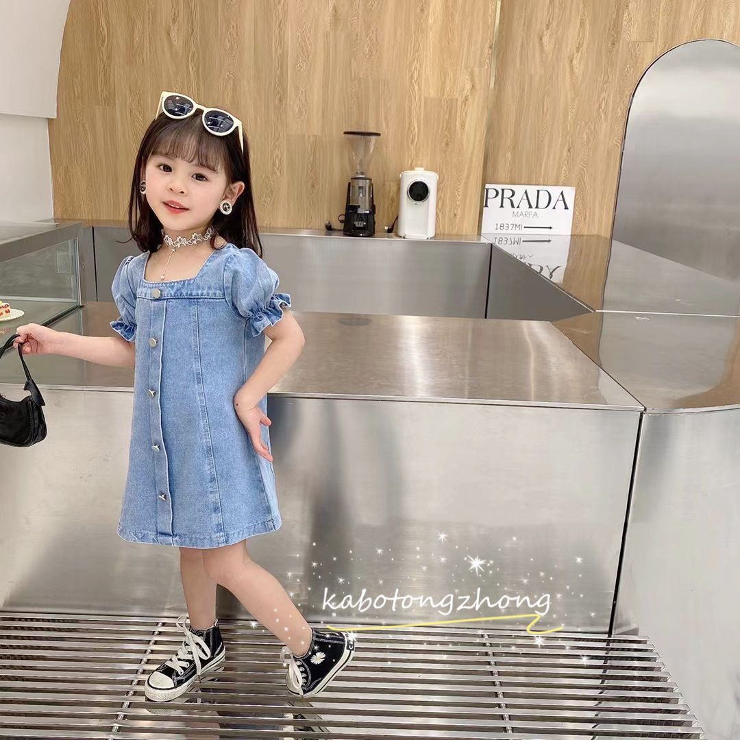 Summer Puff Sleeve Short Sleeve Denim Skirt Korean Pure Color Dress Trendy Girls' Wear Blue - Shop at LoveMi