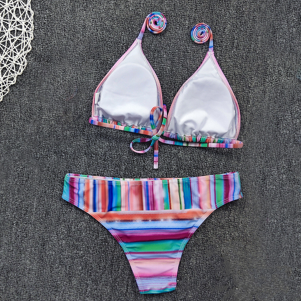  European And American Foreign Trade New Style Bikini Feminine Color Striped Halter Neck Strap High Waist Split Swimsuit