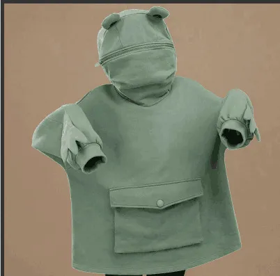 Fleece Sweater Women'S Mid Length Design Super Cute Frog Hooded Lazy Coat Jacket Green - Shop at LoveMi