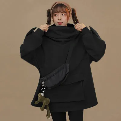 Fleece Sweater Women'S Mid Length Design Super Cute Frog Hooded Lazy Coat Jacket Black - Shop at LoveMi
