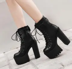 Platform High Heel Nightclub Round Toe Women's Short Boots - Black - View 1