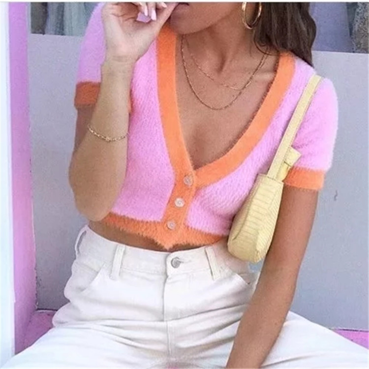 Sexy V-Neck Single Breasted Short Knit Cardigan Sweater Outside