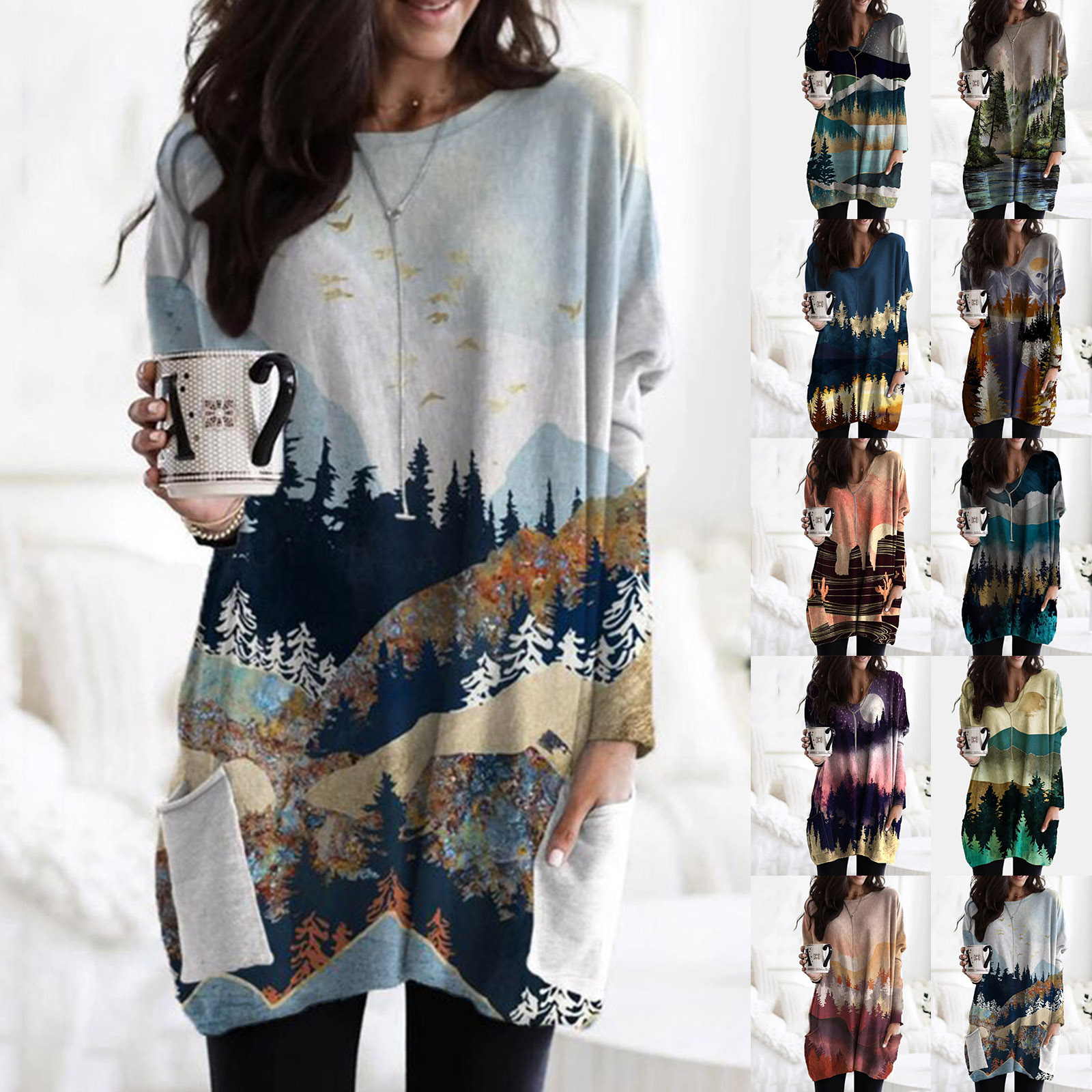 Women's New Style Landscape Painting Long Sleeved Printed Dress