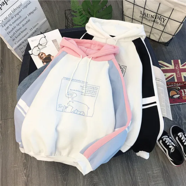 Fashion Casual Plus Velvet Thick Sweater Women's Hoodie Korean Students Loose Casual Color Matching Autumn And Winter Tops Blue - Shop at LoveMi