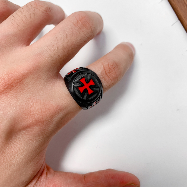 Vintage Punk Red Cross Men's Black Titanium Steel Ring