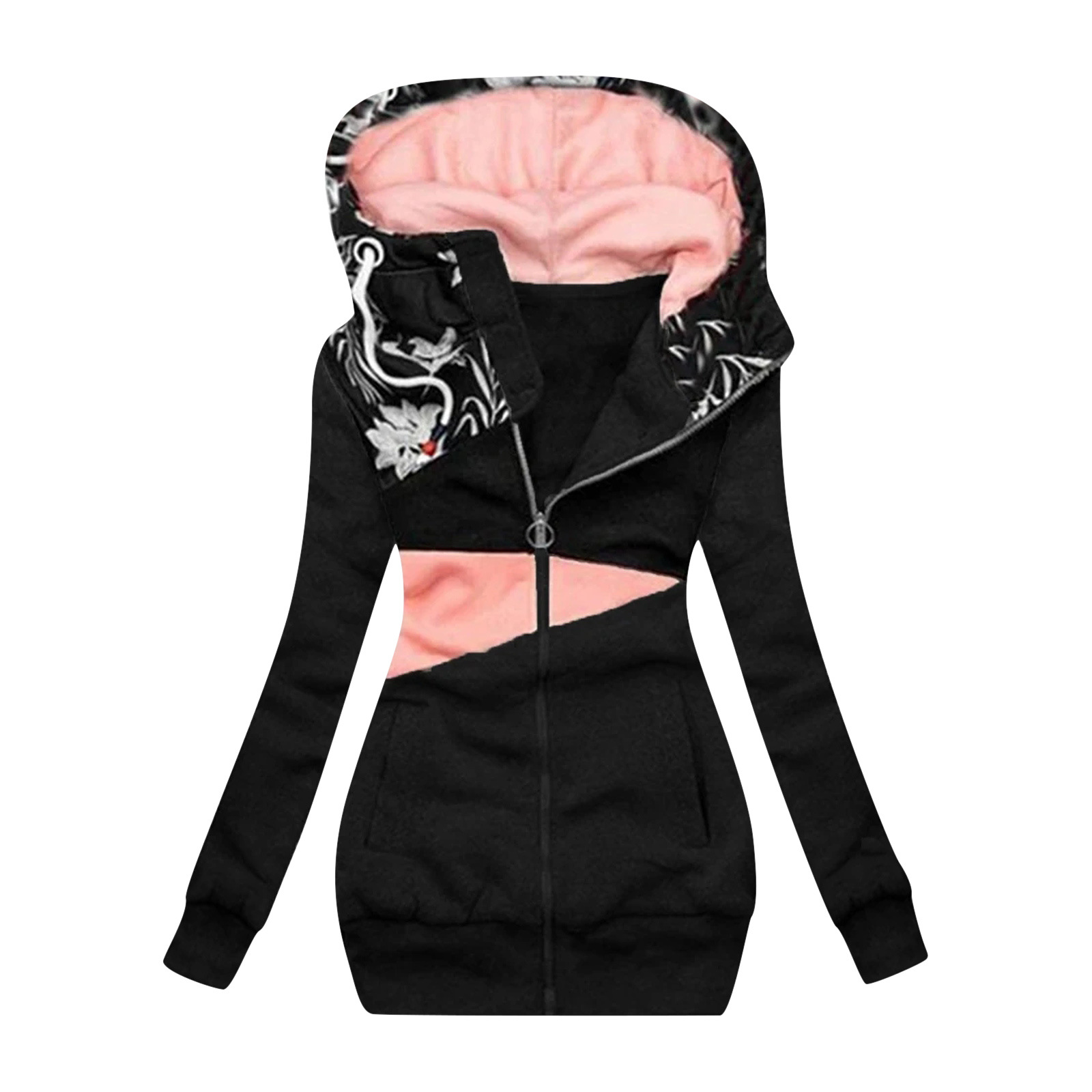 Ladies Sweatshirt Zipper Colorblock Print Hooded Long Sleeve Jacket