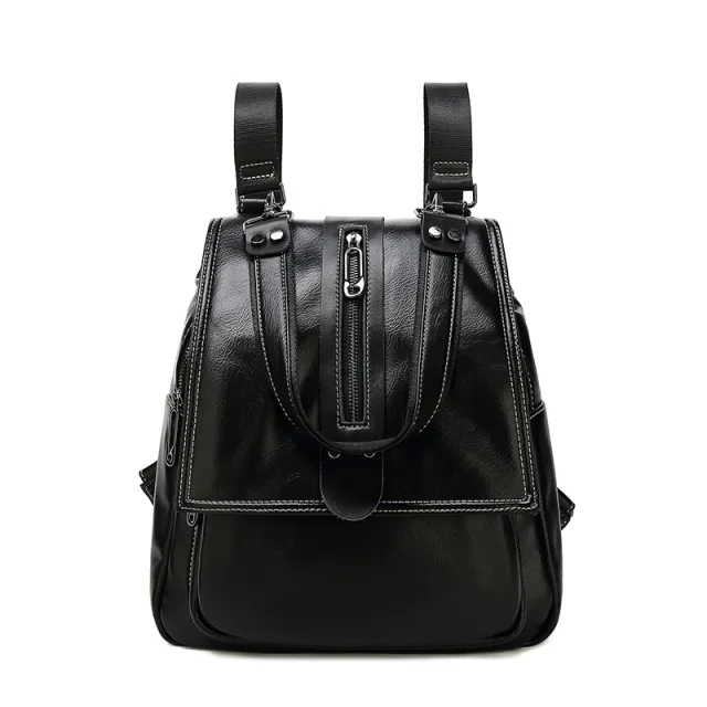 Multifunctional Backpack Textured Leather Cowhide Handbag New Fashion Cover Bag Women Black - Shop at LoveMi