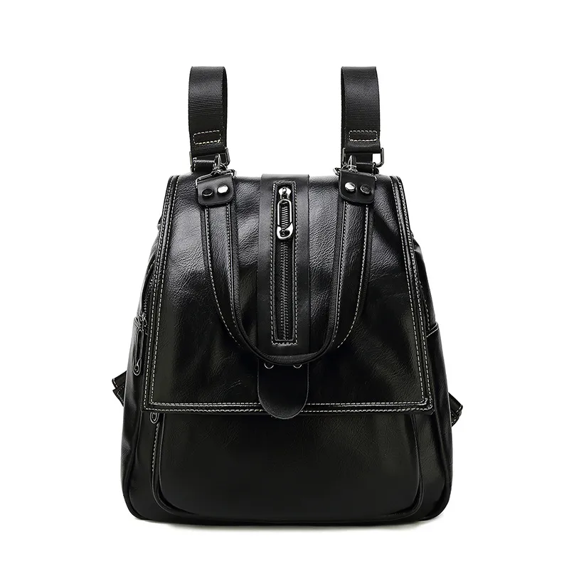 Multifunctional Backpack Textured Leather Cowhide Handbag New Fashion Cover Bag Women - Black