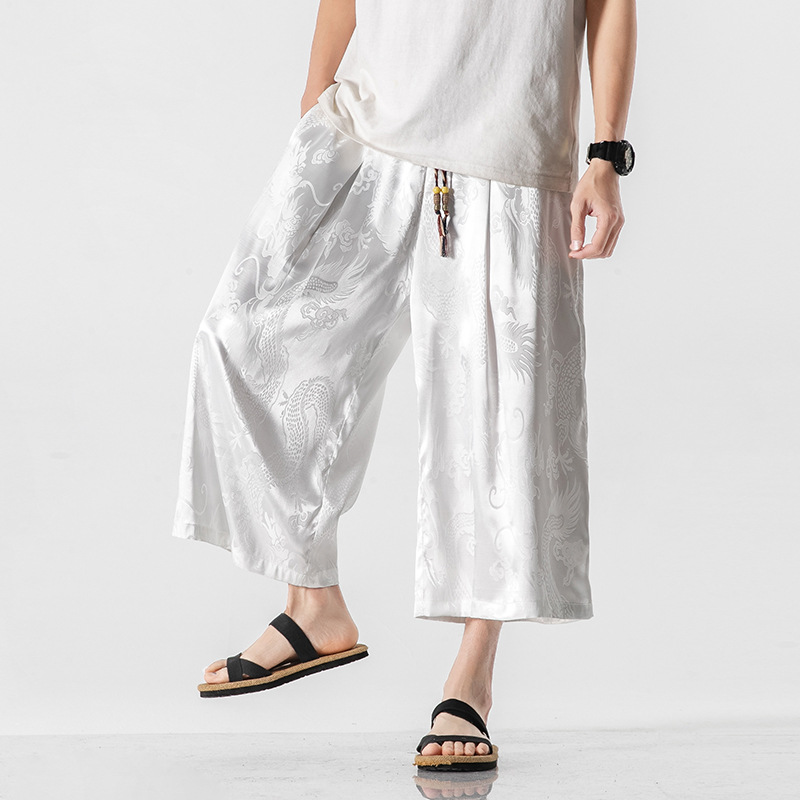  Summer New Style Chinese Style Dark Flower Cropped Trousers Men's Big Pants Beach Pants Ethnic Style Loose Thin Section