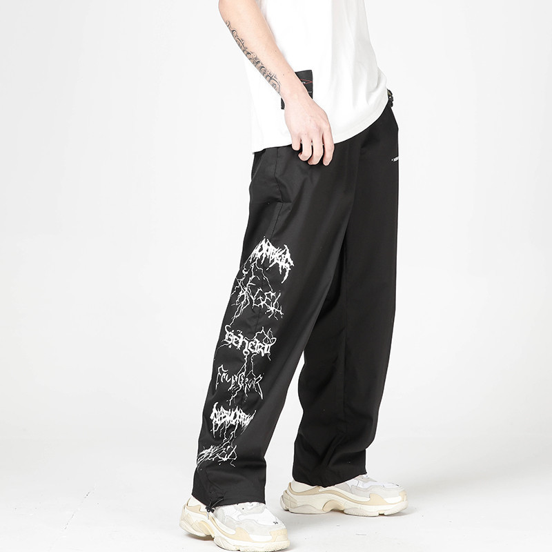 Japanese Street Print Straight Trousers Men'S Drawstring Elastic Waist Drawstring  Wide-Leg Pants