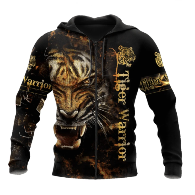 Men's Tiger Print Cardigan Hooded Long Sleeve Sweatshirt