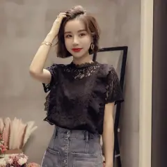 Lace Top Women's Summer Short-Sleeved New Korean Style Fashion Hollow Design Loose Bottoming Shirt - Black - View 1