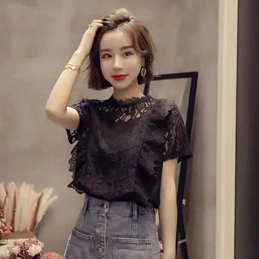 Lace Top Women's Summer Short Sleeved New Korean Style Fashion Hollow Design Loose Bottoming Shirt Black - Shop at LoveMi