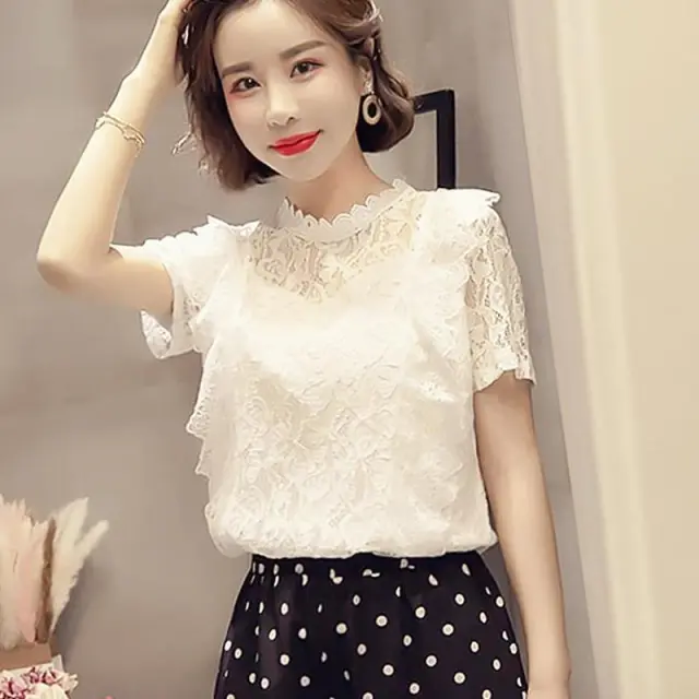 Lace Top Women's Summer Short Sleeved New Korean Style Fashion Hollow Design Loose Bottoming Shirt White - Shop at LoveMi