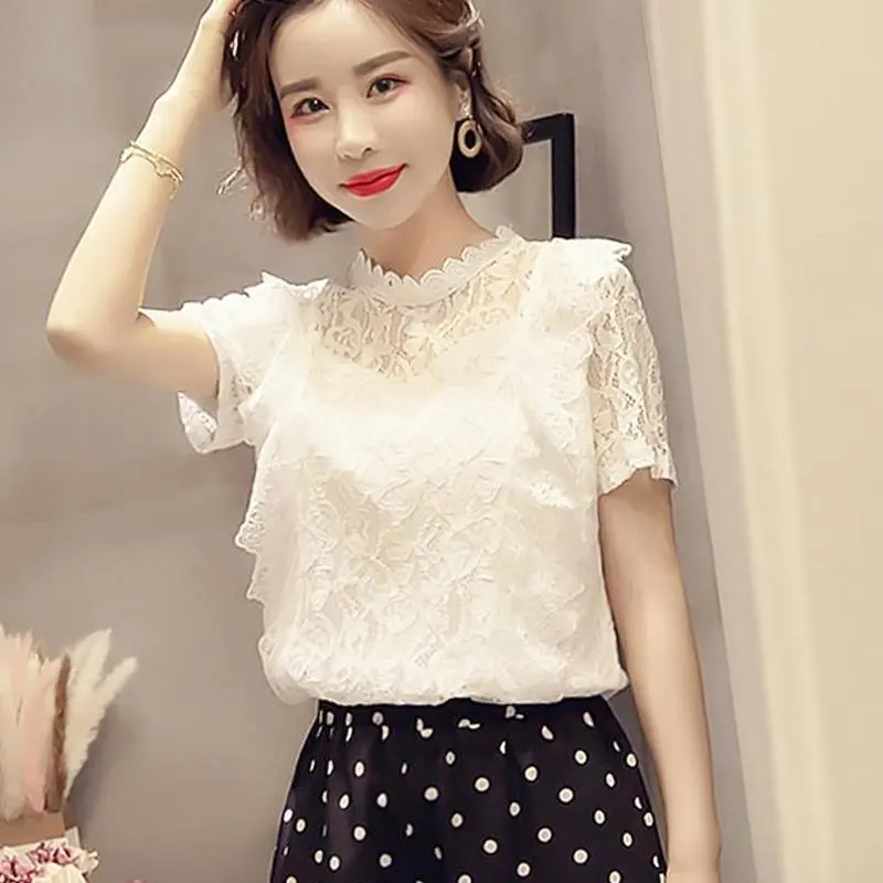 Lace Top Women's Summer Short-Sleeved New Korean Style Fashion Hollow Design Loose Bottoming Shirt - White