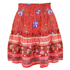 Bohemian Holiday Style Small Cotton Retro Wood Ears Lace Up Small Floral Skirt - Red - View 1