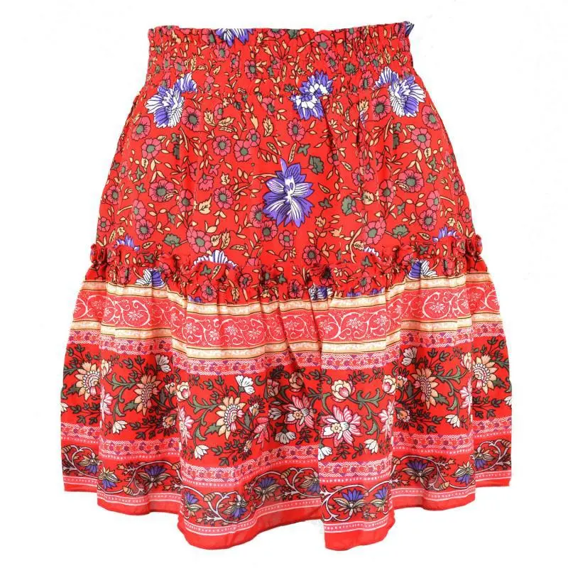Bohemian Holiday Style Small Cotton Retro Wood Ears Lace Up Small Floral Skirt - Red