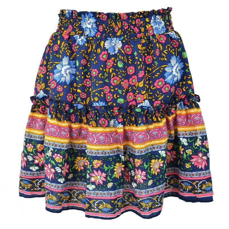 Bohemian Holiday Style Small Cotton Retro Wood Ears Lace Up Small Floral Skirt - Navy Blue