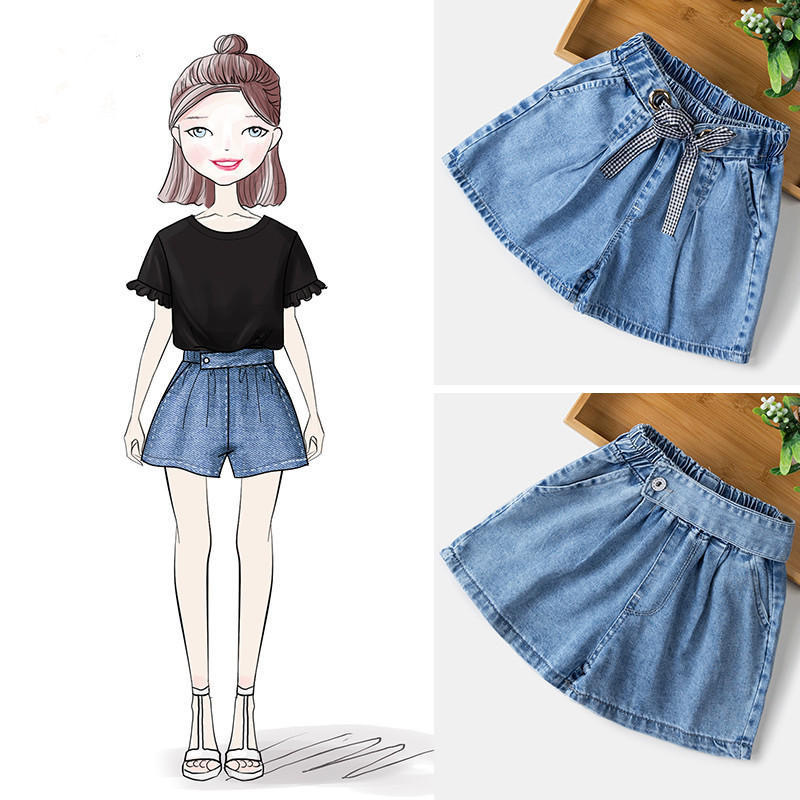 Girls Pure Color Lace Up Denim Shorts Children''s Versatile Casual Hot Pants