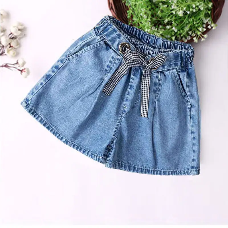 Girls Pure Color Lace Up Denim Shorts Children''s Versatile Casual Hot Pants