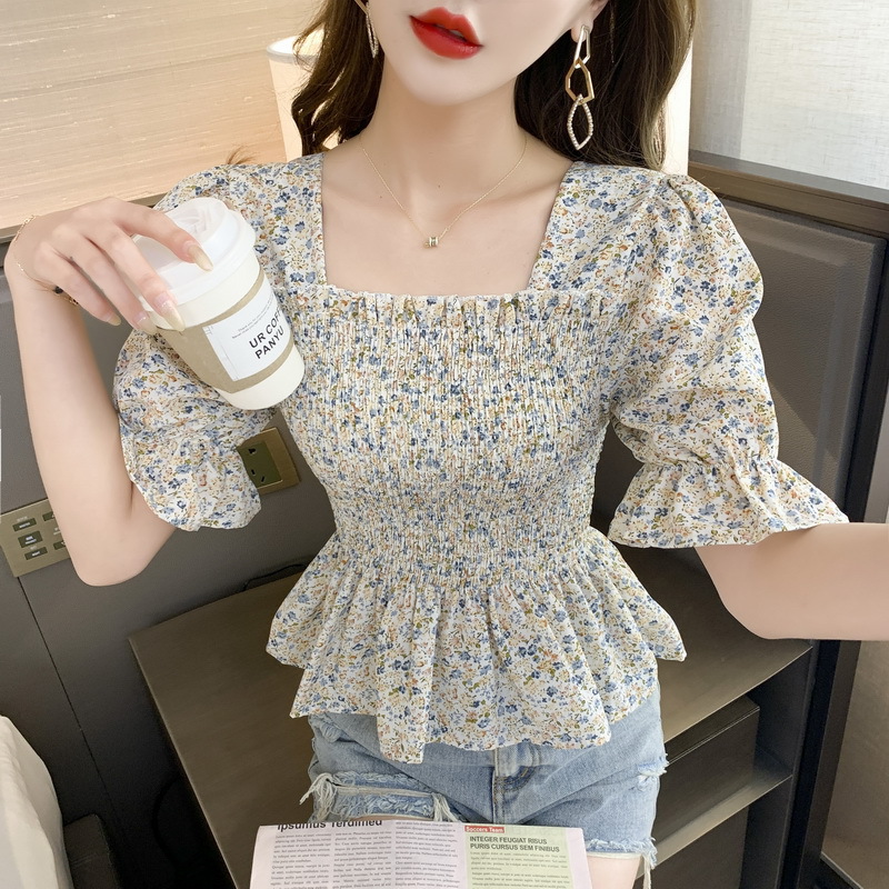Square Neck Puff Sleeve Pleated Floral Chiffon Shirt Women Sweet French Short Shirt Top