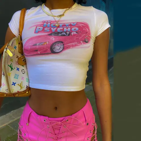 Skinny Women Graphic T-shirt Belly Button Trend O-Neck Stretch