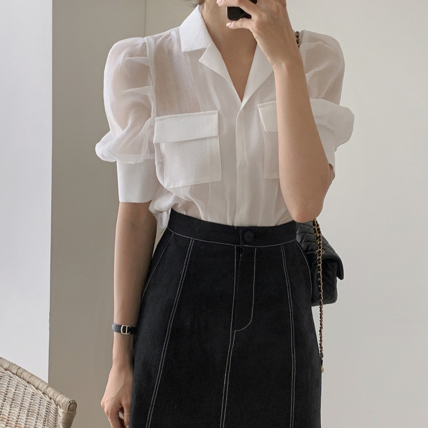 Title 5, Bubble Sleeve Shirt High-Waist Open-stitched F...