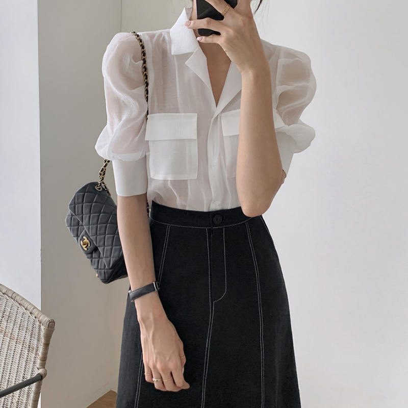 Title 4, Bubble Sleeve Shirt High-Waist Open-stitched F...