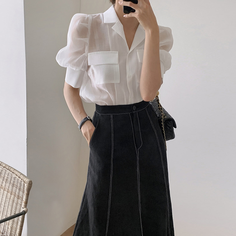Bubble Sleeve Shirt  High-Waist Open-stitched Fishtail Skirt