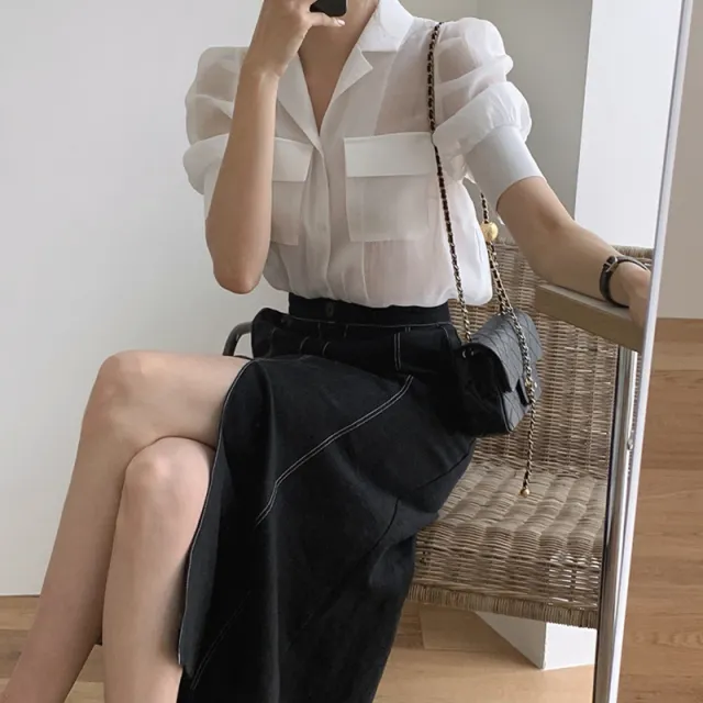Bubble Sleeve Shirt High Waist Open stitched Fishtail Skirt Skirt L - Shop at LoveMi