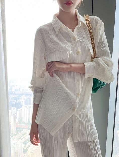 Temperament Fashion  Women White Casual Breathable Pleated Two Piece Suit