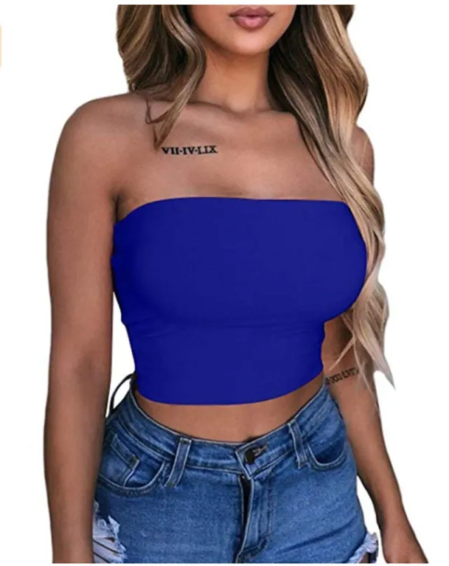 New Women Sexy Off Shoulder Strapless Casual Tank Vest Blue - Shop at LoveMi