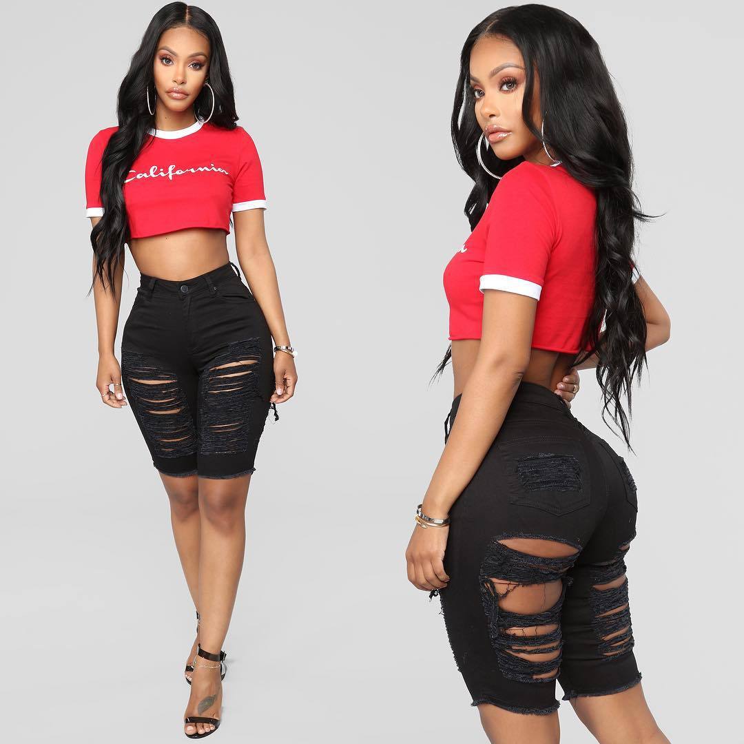 Stand-Alone Hot Style Black High-Waist Series Stretch Ripped Trousers