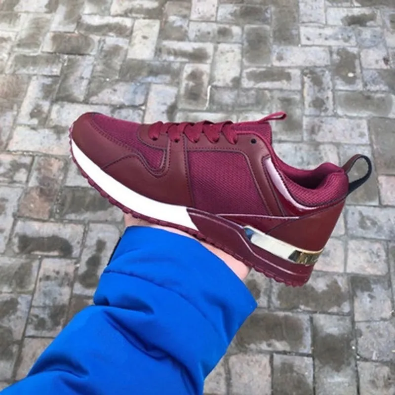 Lace Up Sneakers Leather Thick Bottom - Red