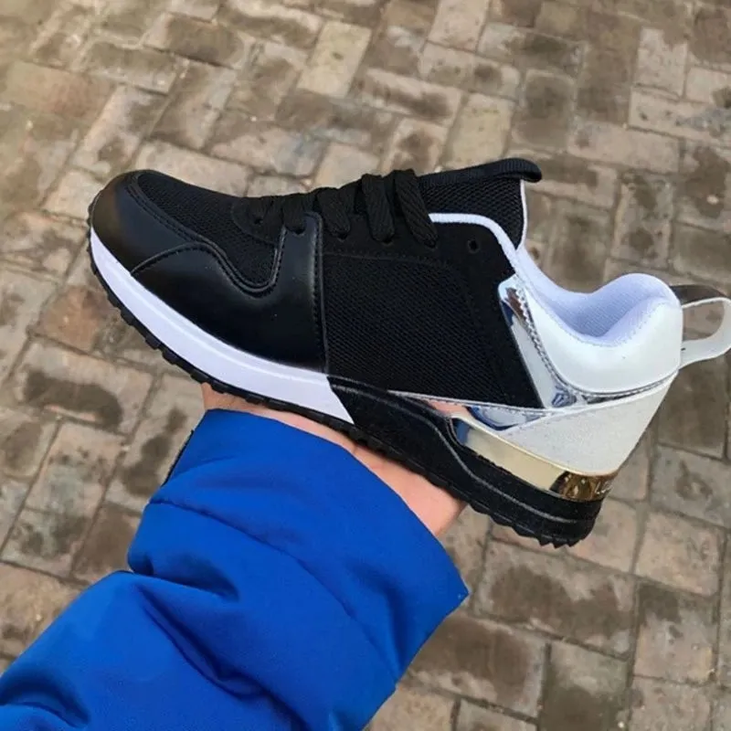 Lace Up Sneakers Leather Thick Bottom - Black