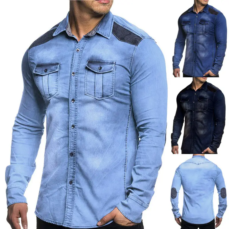 Colorblock PlusSsize Denim Men's Long-sleeved Shirt