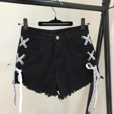Vintage Snowflake Inelastic Women Denim Shorts With high Waist Straps Tassel Female Summer Shorts For Women's jeans Black - Shop at LoveMi