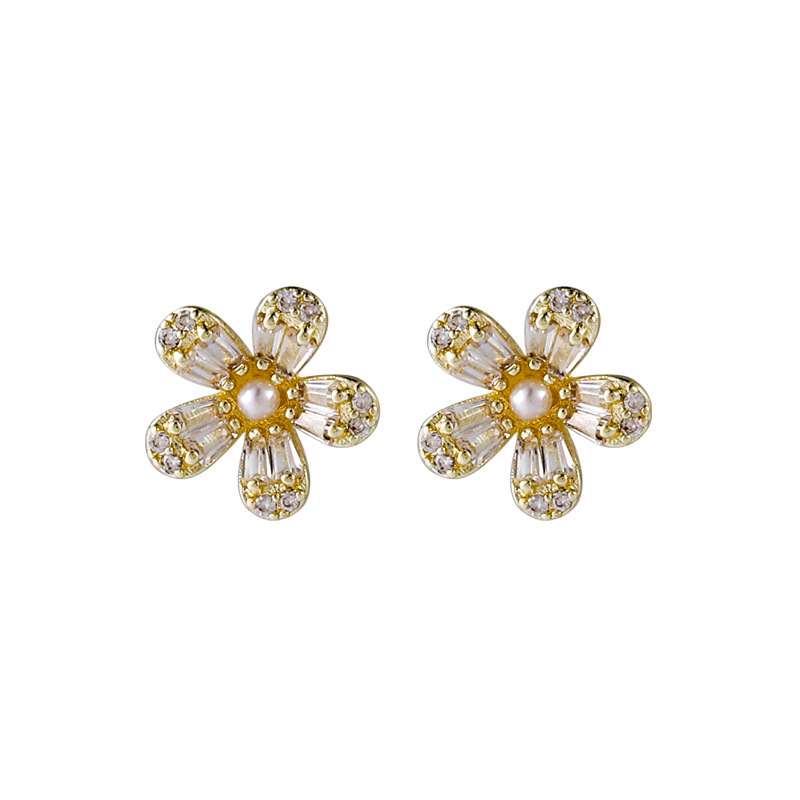 Zircon Pearl Five Petal Flower Stud Earrings