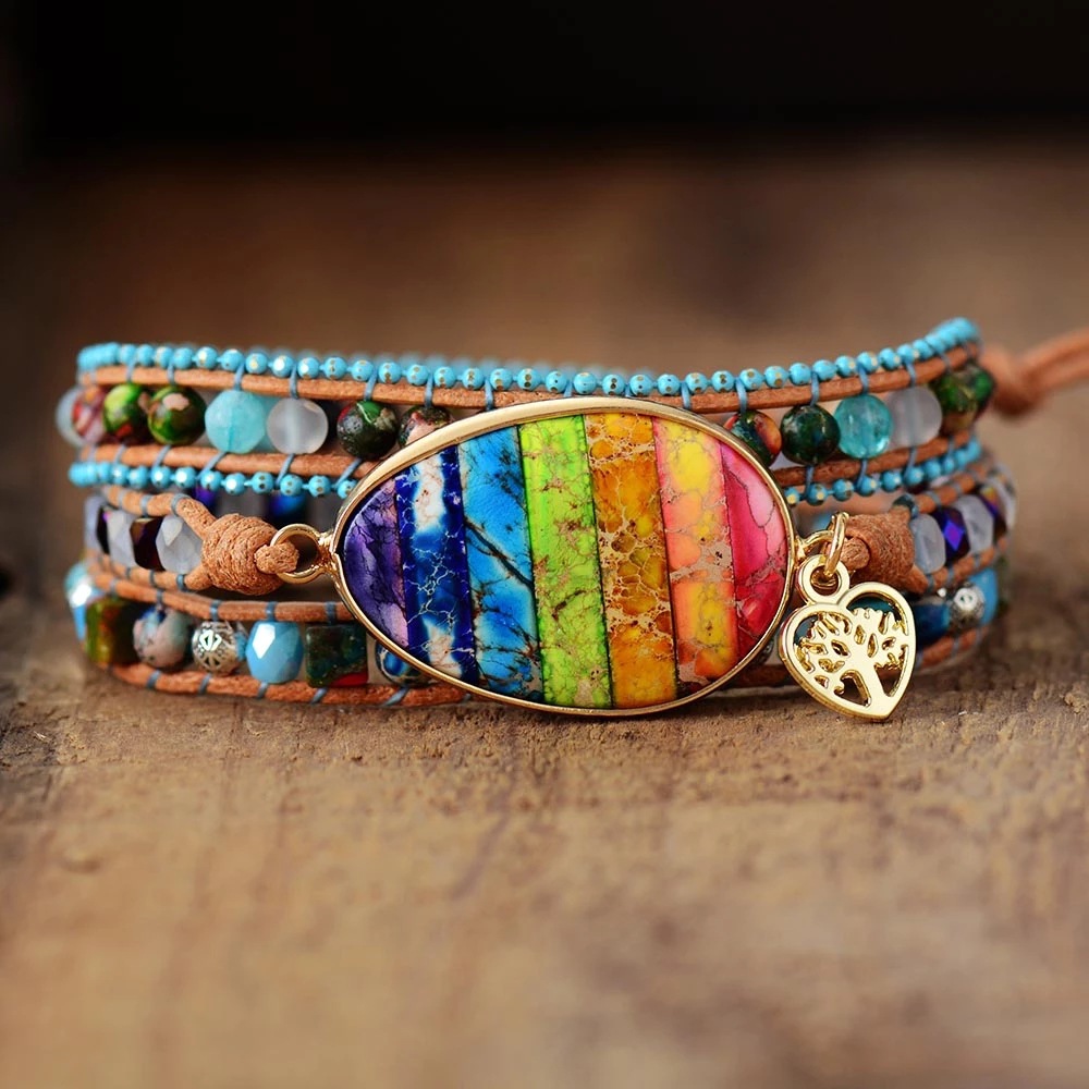 Hot Egg Shaped Colorful Emperor Stone Cowhide Woven Bracelet Crystal Beads Hand Woven Bracelet