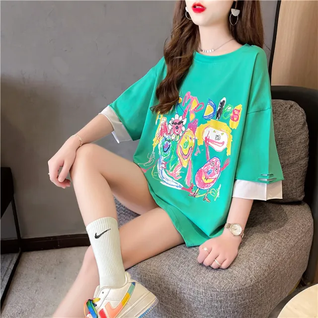 Summer Korean Version Of Fake Two Piece Printing Loose Mid Length Large Size Women's Short Sleeved T Shirt Women Bottoming Shirt Green - Shop at LoveMi