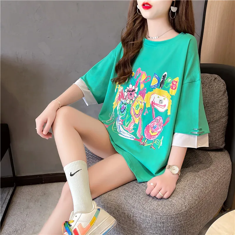 Summer Korean Version Of Fake Two-Piece Printing Loose Mid-Length Large Size Women's Short-Sleeved T-Shirt Women Bottoming Shirt - Green