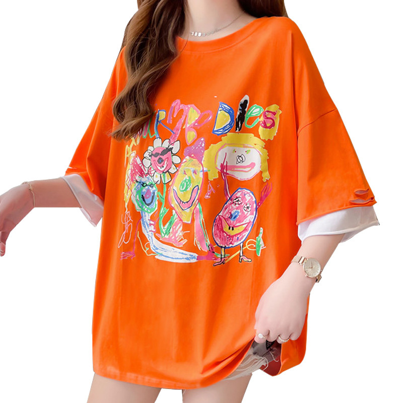  Summer Korean Version Of Fake Two-Piece Printing Loose Mid-Length Large Size Women's Short-Sleeved T-Shirt Women Wish Bottoming Shirt