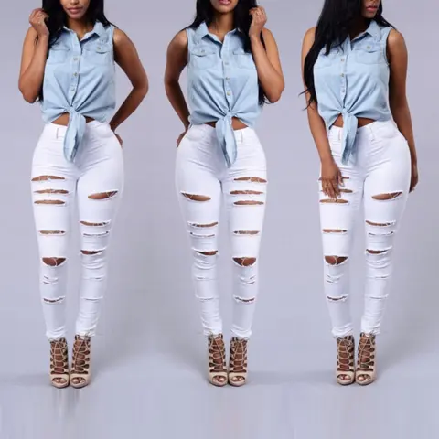 High Quality Women Casual Hole Jeans Waist Skinny Pant