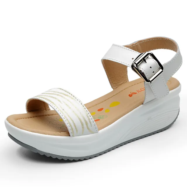 Leather Wedge Mid heel Sandals With Fish Mouth And Thick Soles White - Shop at LoveMi