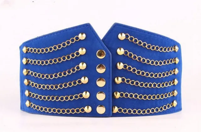 Wide Belt Waist Cover Female 1 Korean Fashion Temperament Personality Rivet Skirt Belt Elastic Band Waist Blue - Shop at LoveMi