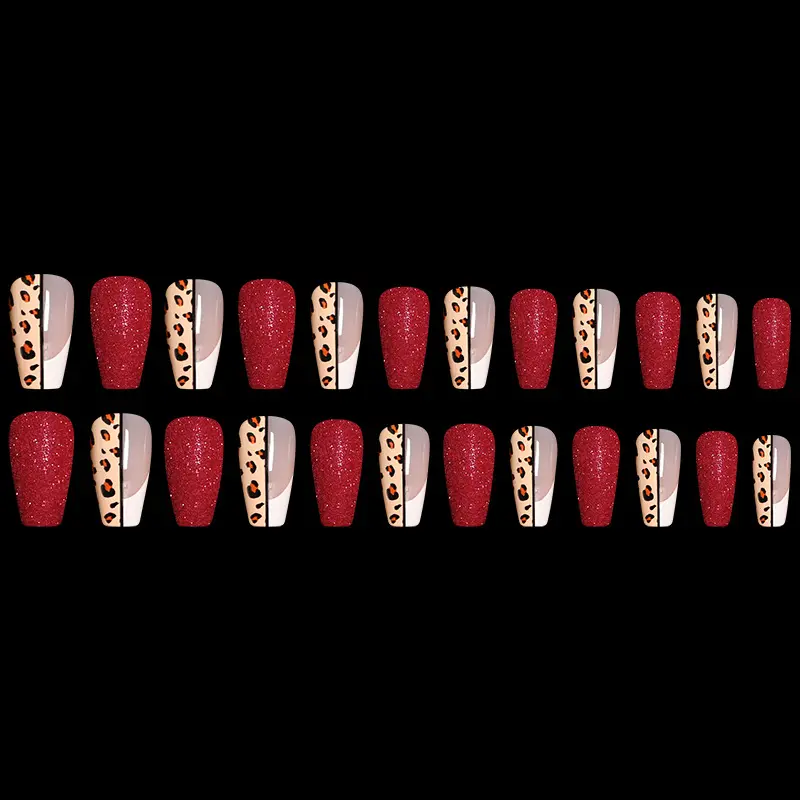 Red Color Leopard Print Ballet False Nails